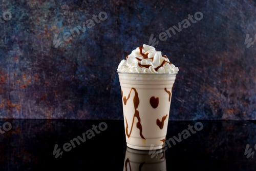 Preview: Vanilla milkshake with chocolate syrup on dark background.
