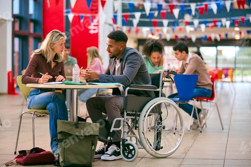 Preview: Two College Or University Students With One In Wheelchair Working Together In Study Area