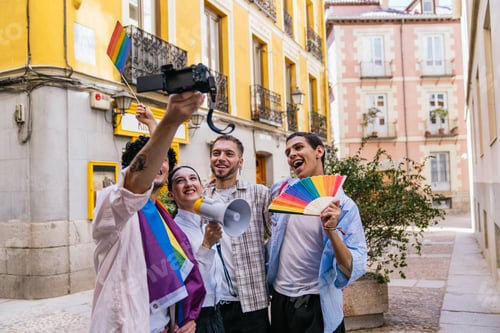 Preview: Diverse friends filming content celebrating lgbtq plus pride day