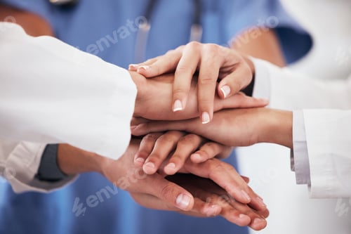 Preview: Hospital, mission and hands of doctors in support of teamwork, help or motivation for medical goal.