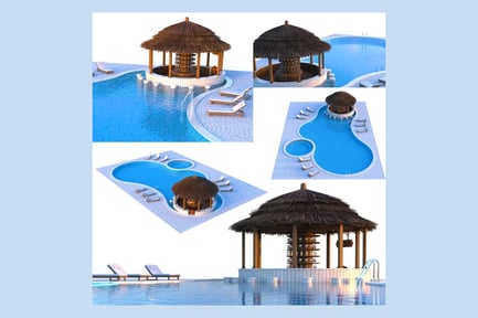 Visualização: Piscina de água tropical com pavilhão Tiki Bar