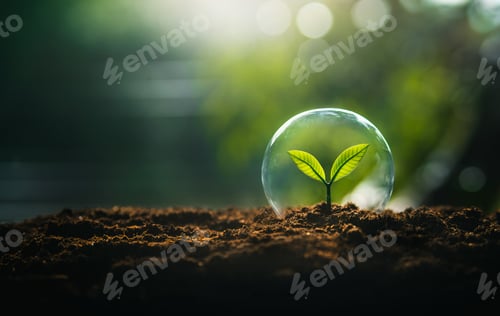 Preview: Nature conservation concept, young tree growing in a glass ball on the ground and nature background