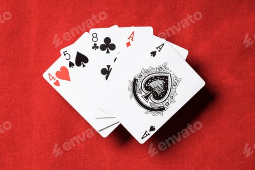 Preview: top view of red table and playing cards combination with different suits