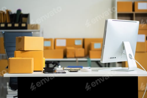 Preview: Workspace area with laptop tablet smartphone and paperwork on the table in the office concept.
