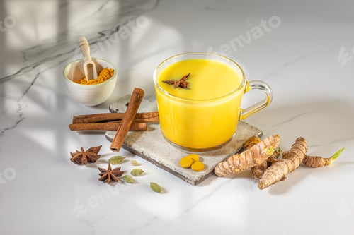 Preview: Turmeric drink, latte, masala tea milk with cinnamon.
