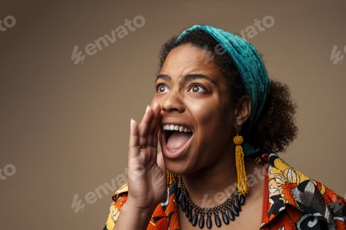 Preview: Young black woman in headband gesturing and screaming aside