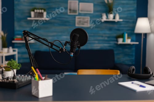 Preview: Empty home recording studio with podcast equippment