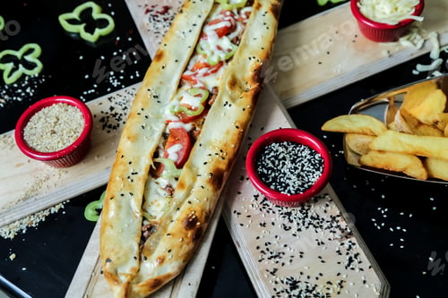 Preview: top view a traditional turkish dish pide with cheese with tomatoes and bell pepper with fries