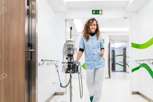Preview: Smiling Nurse with Curly Hair Walking with Medical Equipment