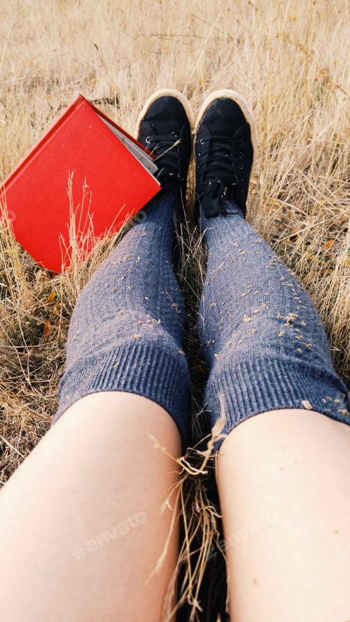 Preview: Young woman legs near a red book
