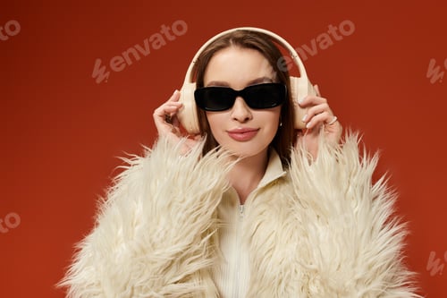 Preview: Stylish woman wearing headphones and fur coat poses confidently against a vibrant orange background