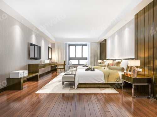 Preview: 3d rendering luxury tropical bedroom suite in resort hotel and resort with twin bed