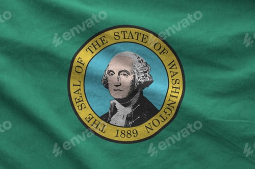 Preview: Washington US state flag depicted on folded wavy fabric of old cloth