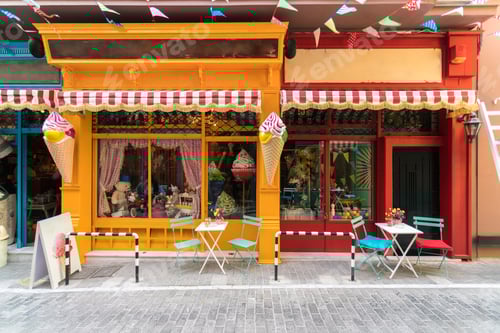 Preview: Inviting ice cream shopfront with colorful outdoor seating ready for customers