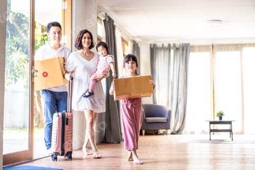 Preview: Asian big family moving packing boxes and cloth baggage walking into house with happiness