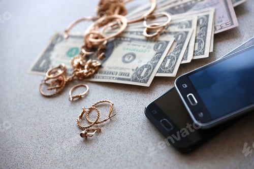 Preview: Many expensive golden jewerly rings, earrings and necklaces with big amount of US dollar bills