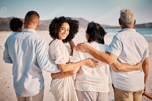 Preview: Love hug, beach portrait and family walking, bond or enjoy quality time together for vacation, holi