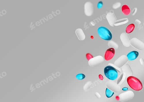 Preview: Many different pills flying on grey background, space for text