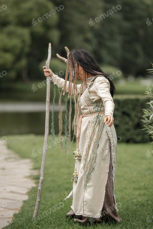 Preview: Beautiful girl in ethnic Karelian costume in nature