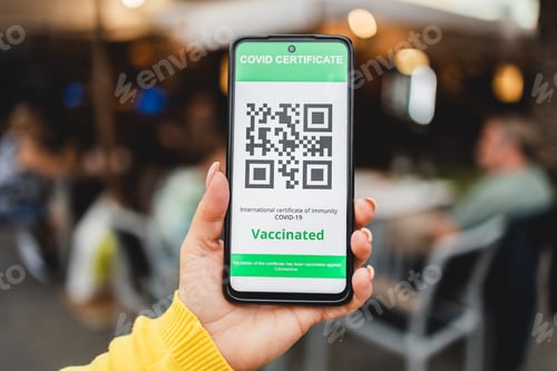 Preview: Digital green pass certificate app for coronavirus vaccine with bar restaurant on background