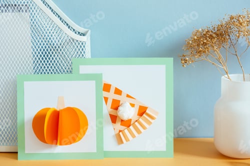 Preview: paper craft for kids. DIY card with autumn american pumpkin pie for thanksgiving day.