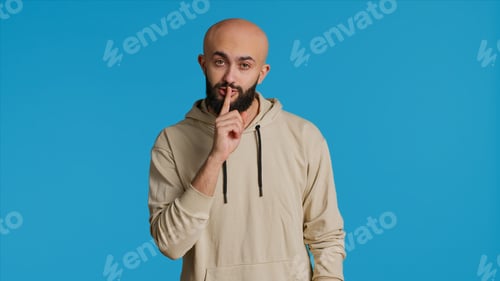 Preview: Middle eastern man doing hush silence symbol in studio