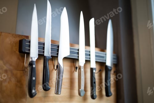 Preview: Set of kitchen knives hanging on the wall