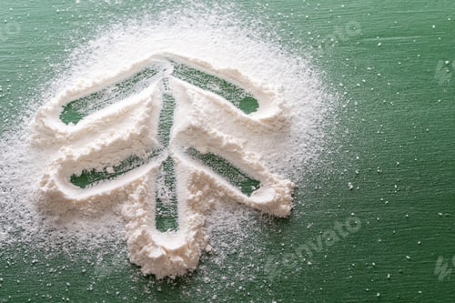 Preview: A Christmas tree painted from flour as from snow on a green background. Christmas cooking