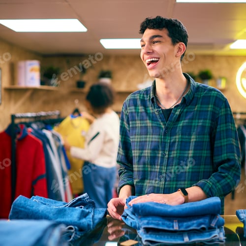 Vista previa: Male Sales Assistant Or Customer Sorting And Looking At Jeans In Fashion Store