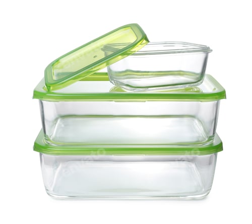 Preview: Empty glass containers for food on white background