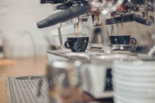 Preview: Professional coffee machine brewing espresso in cafe