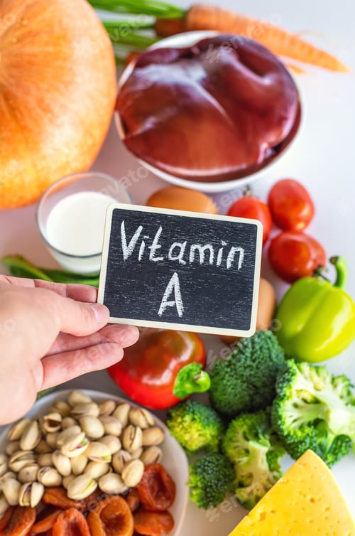 Preview: Products containing vitamin A. Selective focus.
