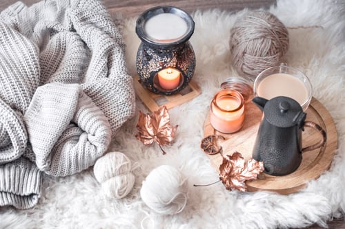 Preview: Autumn-winter Cozy home still Life with a Cup of hot drink.