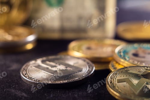 Preview: Closeup shot of cryptocurrency cash coins