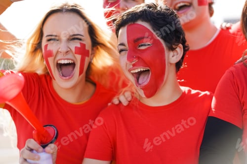 Preview: Red sport women fans smiling supporting their team