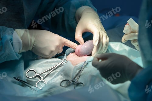 Preview: Veterinary surgery, operation, laparotomy. Close up of cesarean section of cat