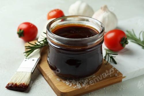 Preview: Concept of cooking with barbecue sauce on white textured table