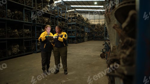 Preview: Two female engineers wearing safety gear inspecting car parts inventory