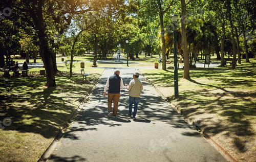 Preview: Friends, men walking and talking in park, nature and outdoor in retirement with support and communi