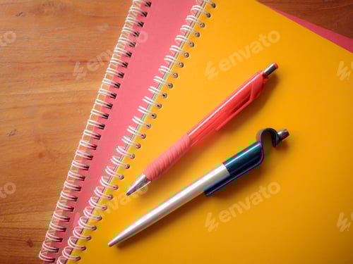 Preview: Colorful Notebooks and Pens on a Wood Desk