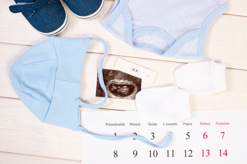Preview: Pregnancy test, ultrasound scan of baby, clothing for newborn and calendar, expecting for baby