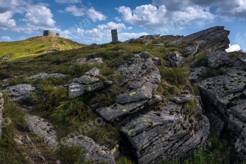 Preview: through stones, border post and old observatory on Mount Pip Ivan in Chornohirsky ridge, Carpathians