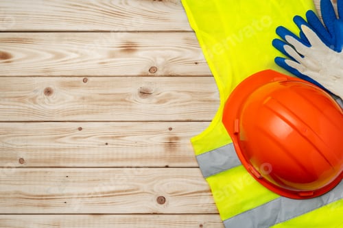 Preview: Construction worker hardhat and fluorescent vest top view