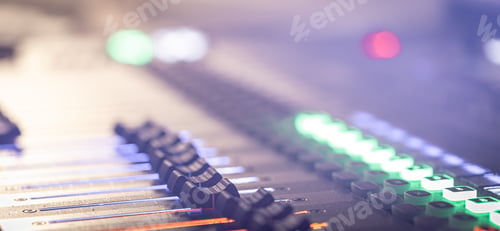 Preview: Close up, sound music mixer control panel on blurred background.