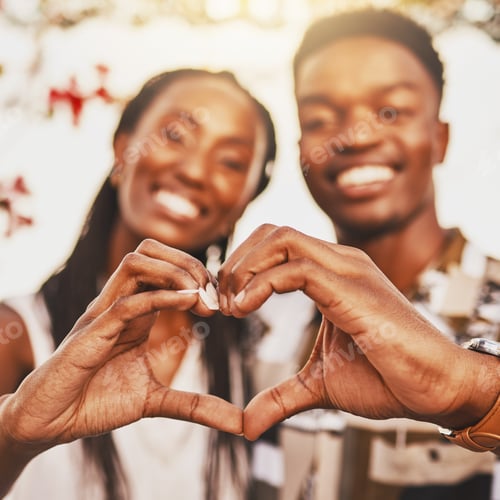 Preview: Heart hands, emoji and love of happy, smile and young couple showing kindness, trust and support. C