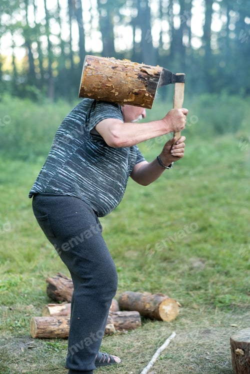 Preview: a man in the forest chopping wood with a steel axe, a forest landscape with a woodcutter