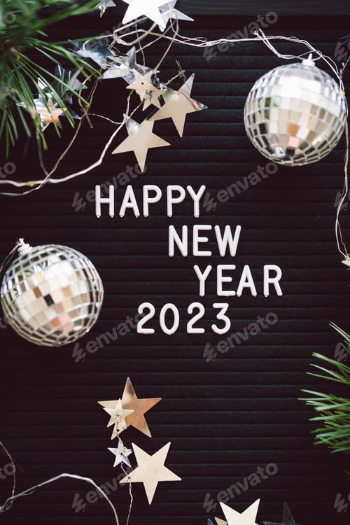 Preview: Happy New Years 2023. Christmas background with cone tree and Christmas decorations.