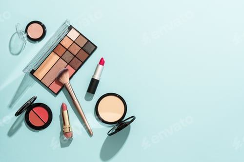 Preview: Beauty products on blue background.