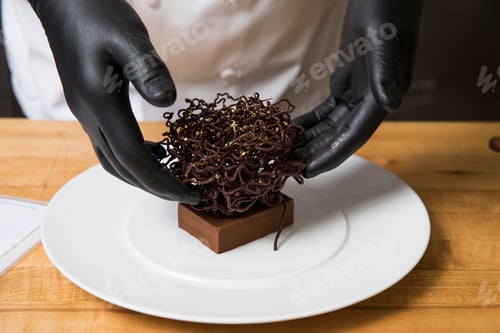 Preview: Chef placing chocolate nest cake decoration on cake