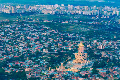 Preview: Tbilisi Georgia. Evening Aerial Panoramic View Of Sameba Complex